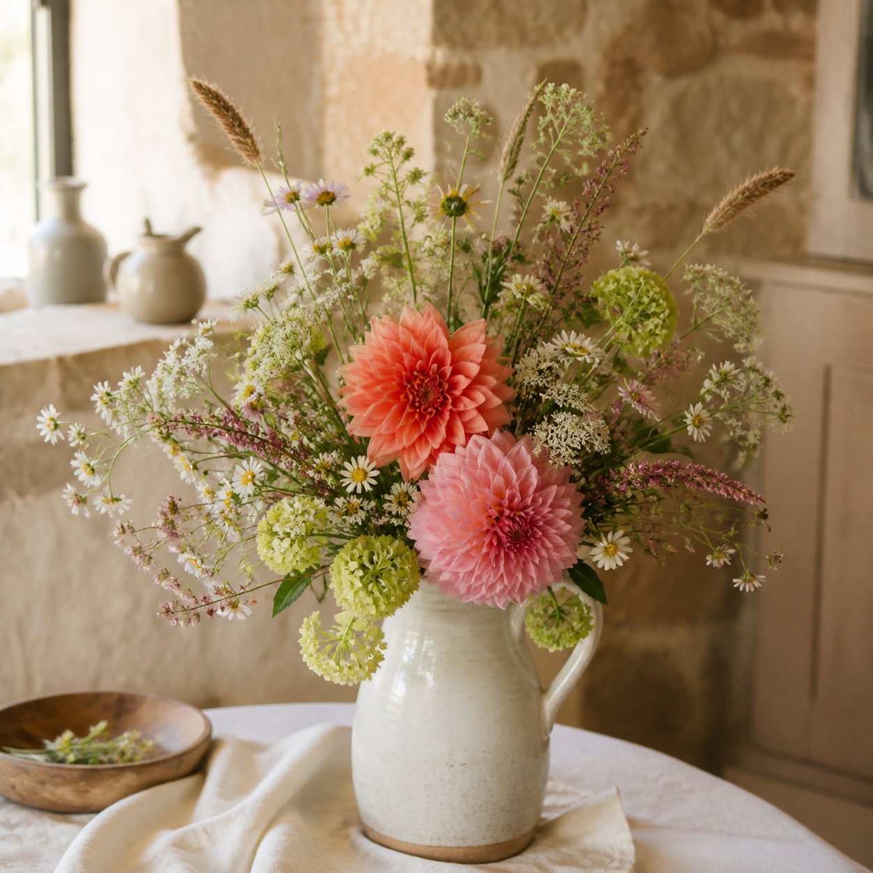 Country bouquet with wild flowers and dahlias